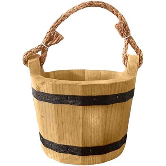 Wooden Bucket 6" x 8" Water Wishing Well Pail with Rope Twine Handle Solid Wood Vintage Style Primitive Planter Handmade