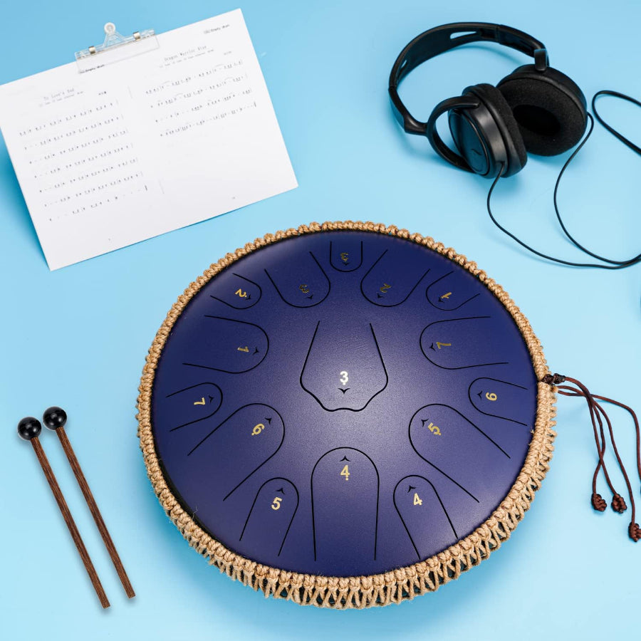 Steel Tongue Drum- ChunFeng 14 Inches 15 Note, Tongue Drum Instrument-Tongue Drum For Adults-Hand Pan Drums With Music Book,Handpan Tongue Drum Mallets and Carry Bag,C Major(Dark Blue)