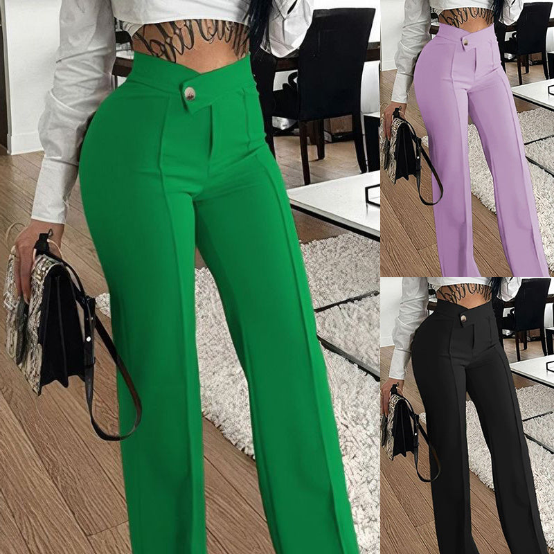 Slim Straight-leg Pants With Buckle Fashion Solid Color Trousers For Womens Clothing