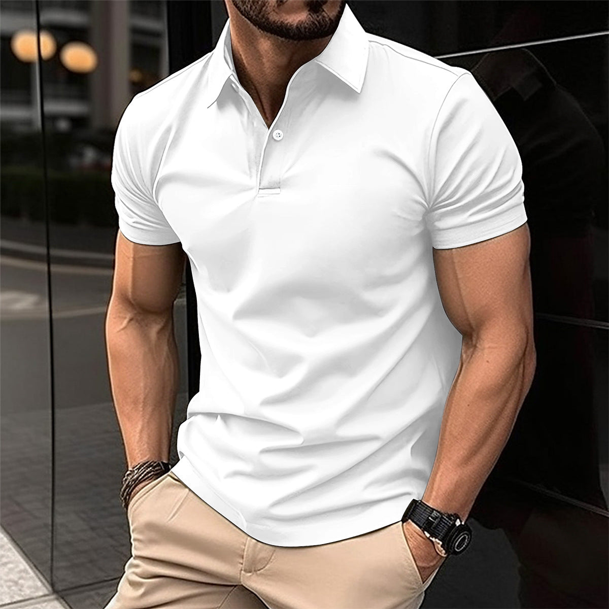 Summer Short Sleeve Polo Shirt Men Solid Color Button Lapel Button Top