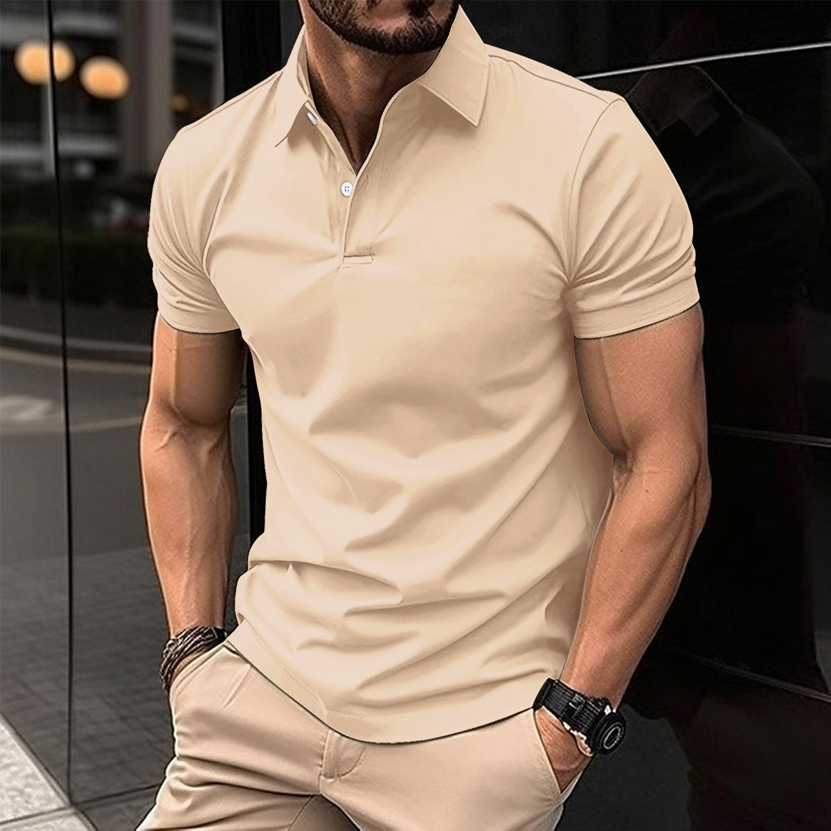Summer Short Sleeve Polo Shirt Men Solid Color Button Lapel Button Top