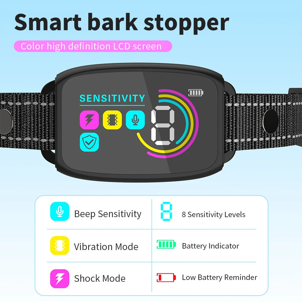 Smart Automatic Anti Barking Dog Collar Rechargeable Bark Stopper Stop Barking HD Digital Display IP67 Waterproof Collar For Dogs Pet Products
