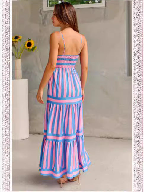 Summer Striped Printed Suspender Long Dress With Pockets Fashion Square Neck Backless Dresses For Beach Vacation Women Clothing